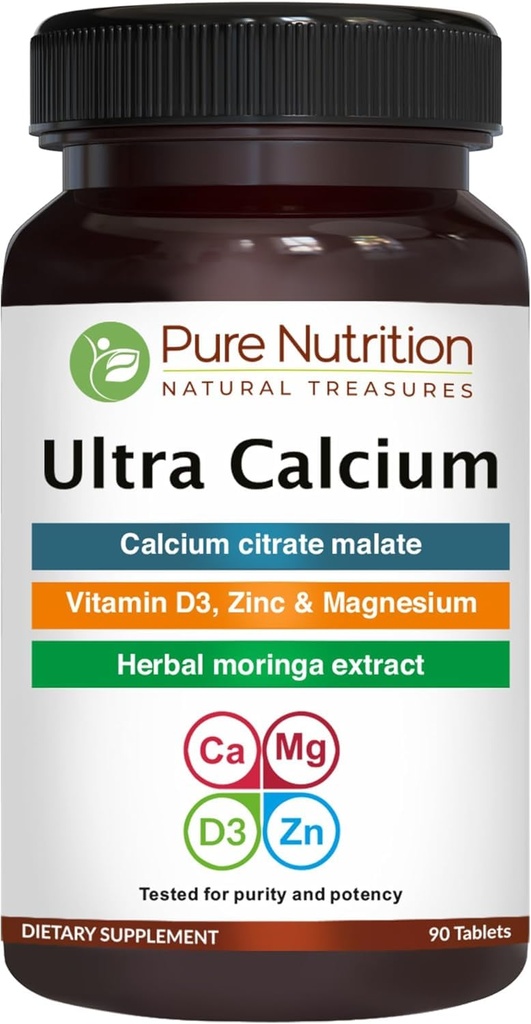 純粋な栄養のVIT D3 + K2の超カルシウム1000mg  90タブ カルシウム クエン酸塩の無水ケイ酸、VIT D3、K2、Moringa Oleifera、マグネシウムおよび亜鉛が付いている高吸収性のカルシウム 補足。