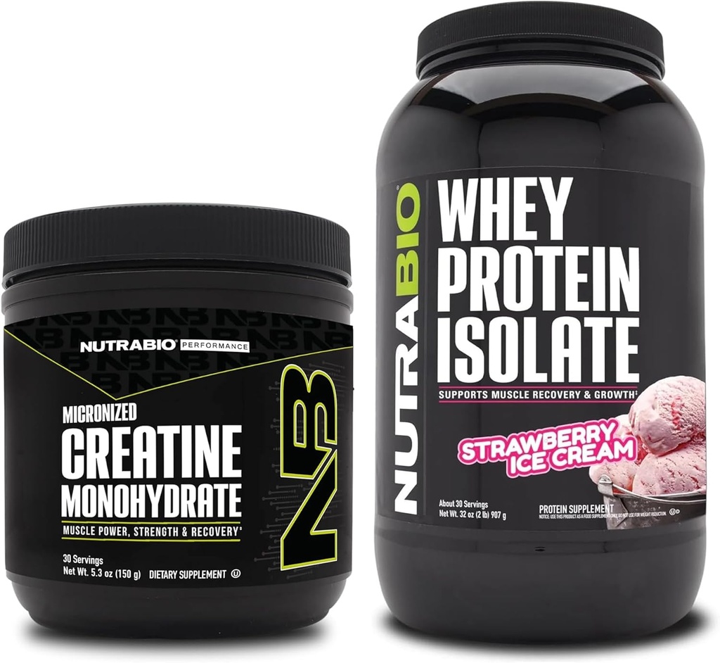 NutraBioクレアチンモノハイドレート、アンフレーバー、150gとウィープロテインアイソレート、イチゴアイスクリーム、サプリメントバンドル - 筋肉エネルギー、リーン筋肉の成長、回復、および強さ