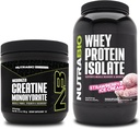 NutraBioクレアチンモノハイドレート、アンフレーバー、150gとウィープロテインアイソレート、イチゴアイスクリーム、サプリメントバンドル - 筋肉エネルギー、リーン筋肉の成長、回復、および強さ
