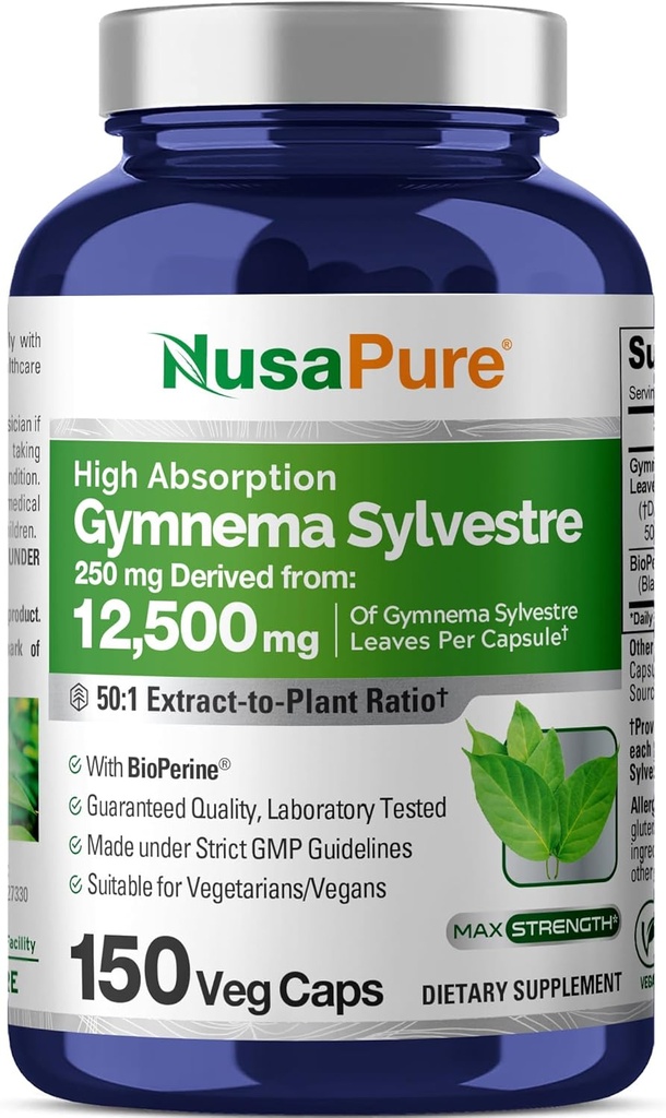 NusaPure Gymnema Sylvestre 50:1 抽出物, 250 ビーガンキャップあたり12,500mg相当 - 150 カウント (非GMO, ビーガン, バイオペリン)