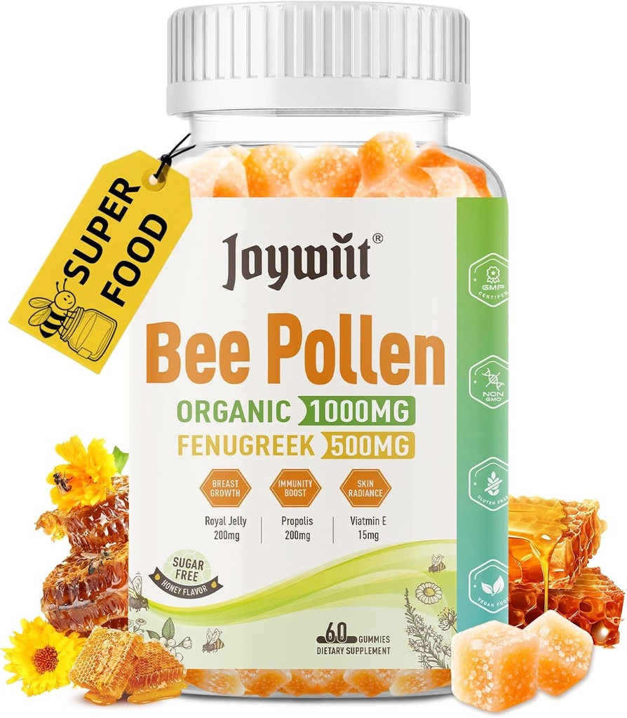 Bee Pollen 1000mg Sugar Free Gummies, w/Fenugreek, Royal Jelly, Propolis, Organic Bee Pollen Chewable Supplement for Women, Rich in Vitamin E, Immunity & Skin Care, 60 Counts