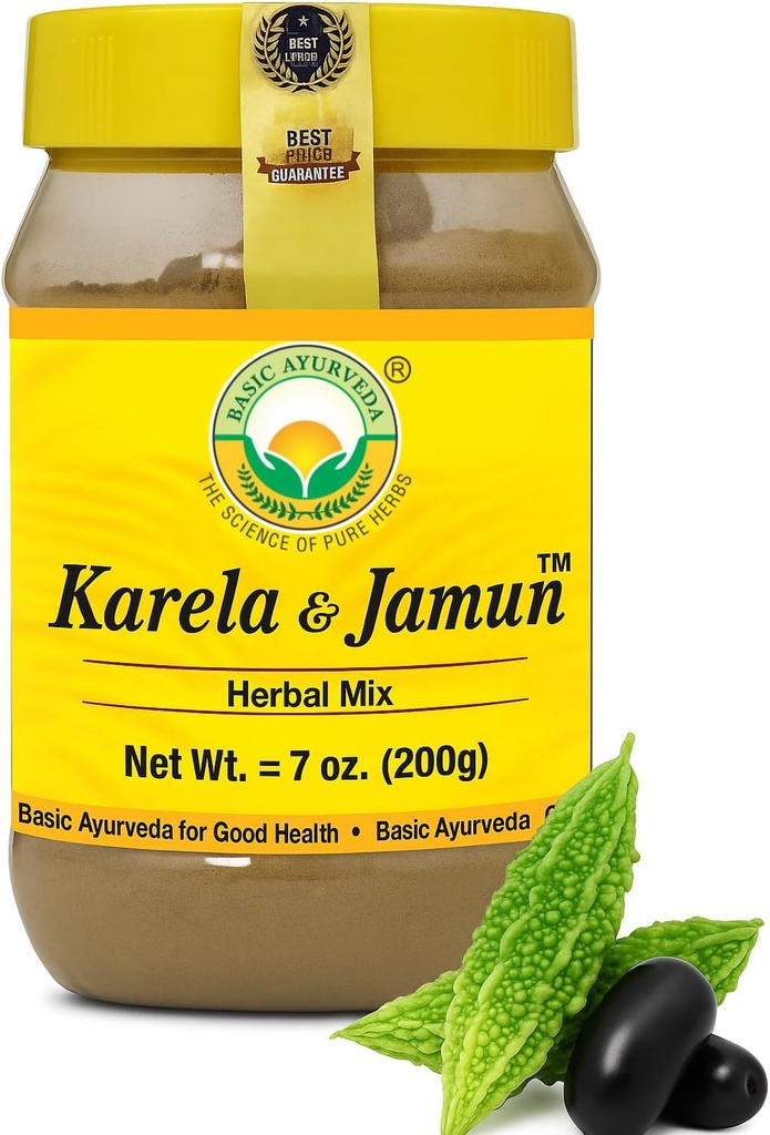 BASIC AYURVEDA Karela & Jamun Herbal Mix Powder | 伝統的Bitter Gourd & Indian ブラックベリーブレンド | 天然植物ベースのサプリメント 毎日のルーチン&ライフスタイルサポート | 7.05 Oz (200g)