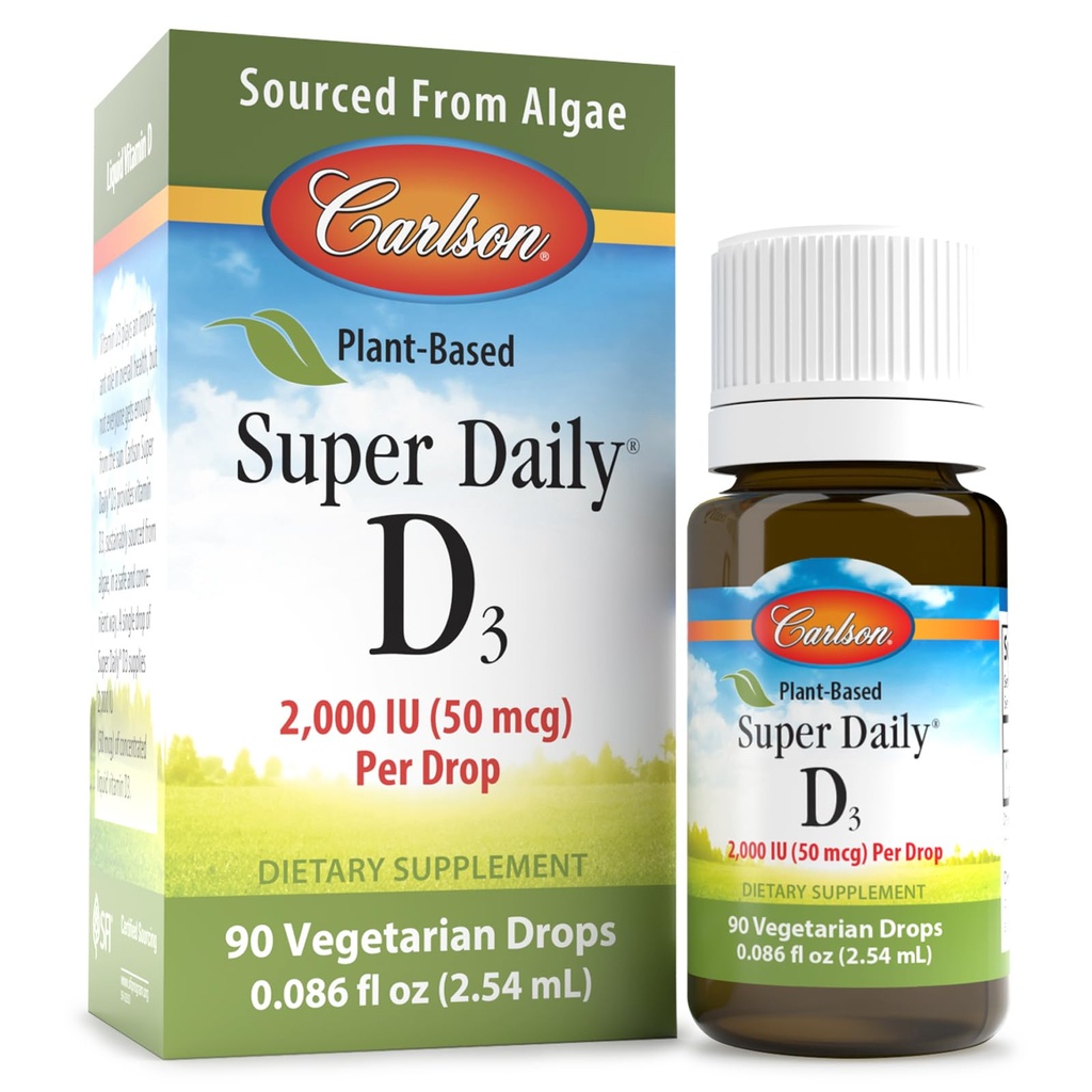 カールソン - 植物ベースのスーパーデイリーD3 2000 IU(50 mcg)/ドロップ、ベジタリアンビタミンDドロップ、液体ビタミンD3、藻類、非風味、90ドロップ(2.54 mL)
