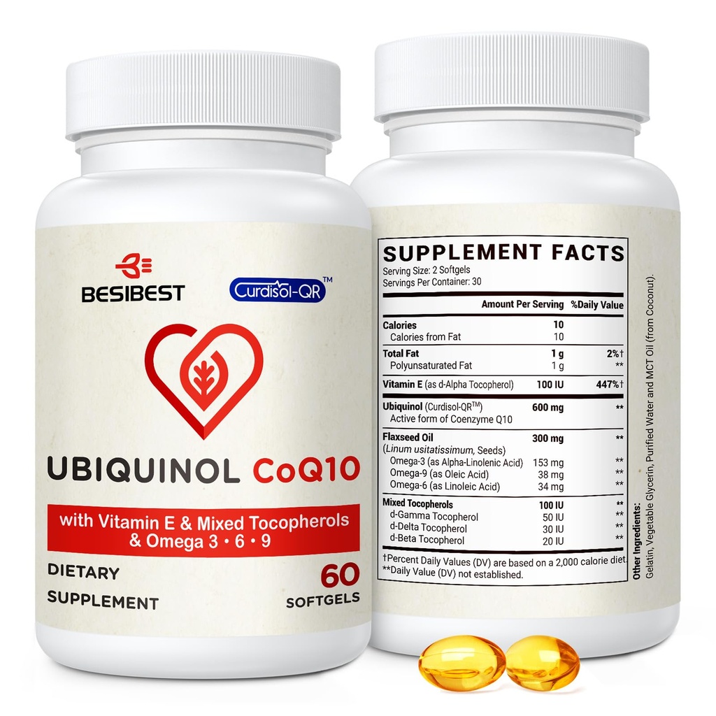 Besibest Ubiquinol CoQ10-600mg-Softgel、ビタミンE及びオメガ3、6、9の高い吸収-Coenzyme-Q10のエネルギー生産、テストされる、60の計算のための強力な酸化防止