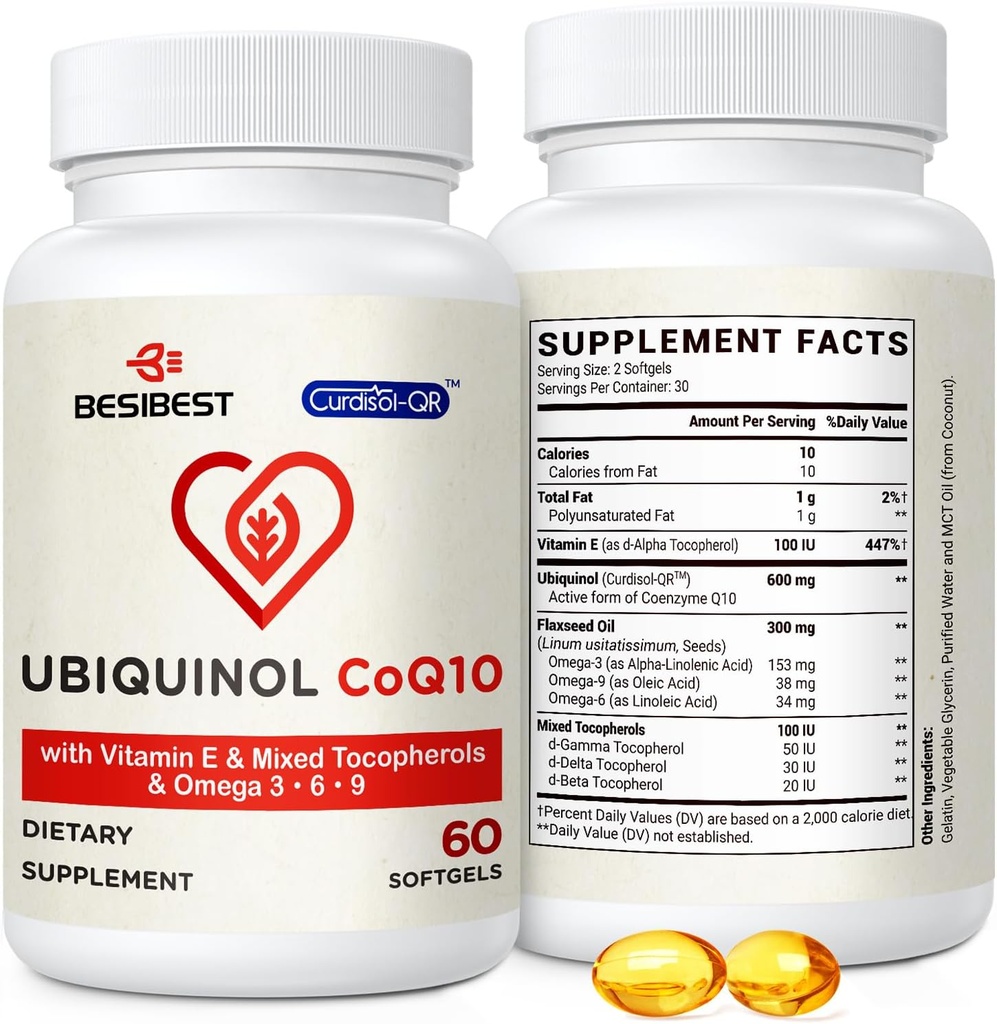 Ubiquinol CoQ10-600mg-Softgel、ビタミンE及びオメガ3、6、9、高い吸収-Coenzyme-Q10、エネルギー生産のための強力な酸化防止剤、テストされる、60の計算との活動的なCoq10 Ubiquinolの補足