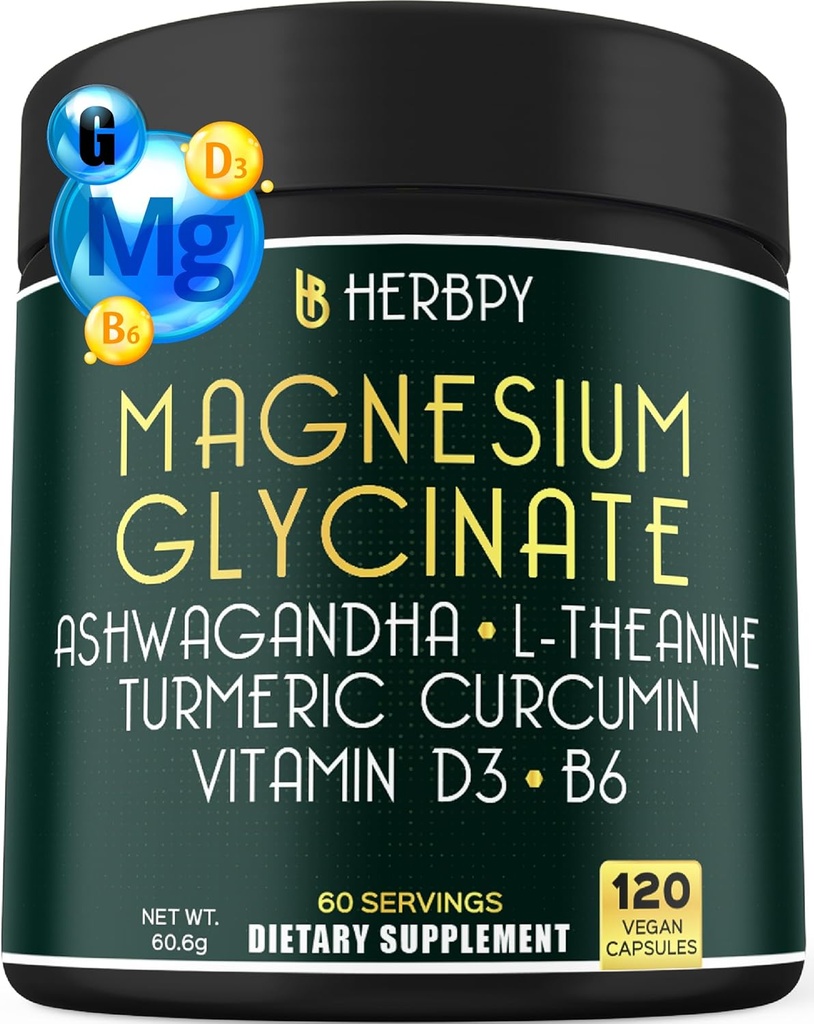 6in1 Restful Day and Night Supplement with Magnesium Glycinate, Vitamin D3, B6, L-Theanine, Ashwagandha and Turmeric Root - Brain, Heart and Digestive Health Support - 120 Vegan Capsules