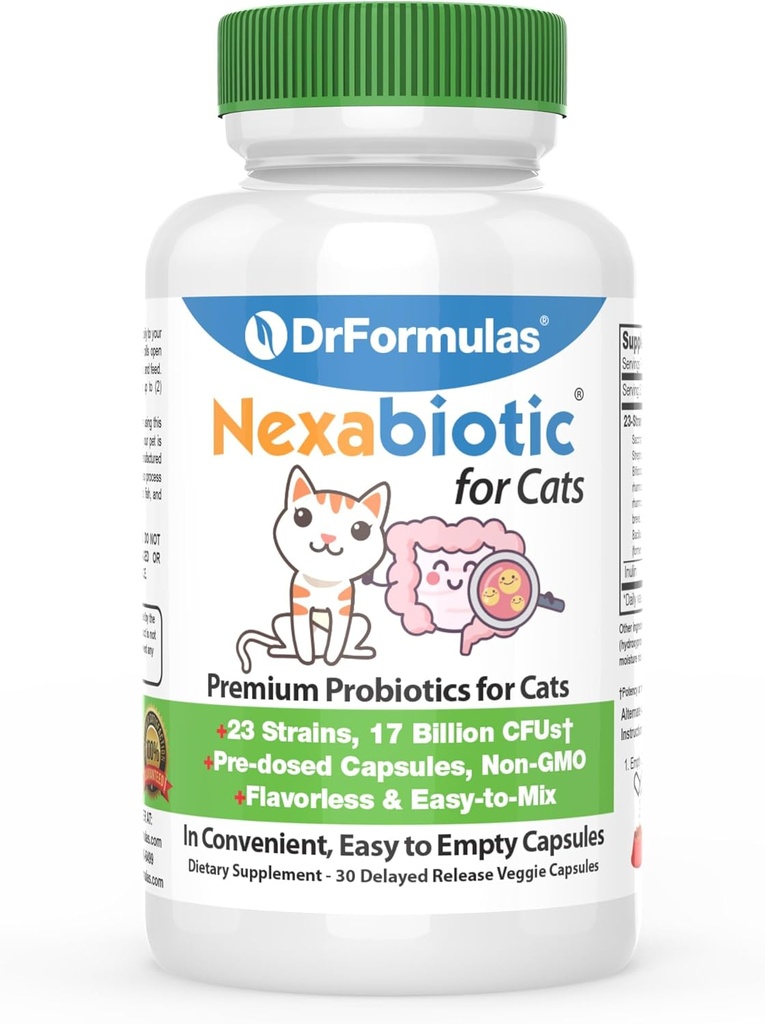 DrFormulas Nexabiotic Probiotics for Cats Powder | Saccharomyces Boulardii Lactobacillus, 消化の健康のためのベストプロバイオティクスサプリメント 30 カプセル