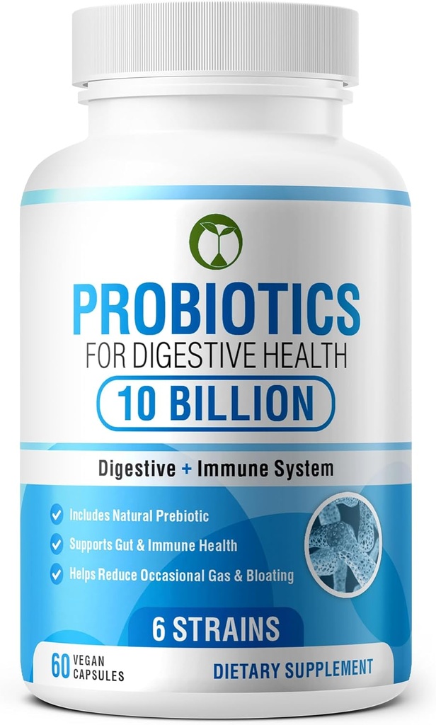 Probiotics for Digestive Health 60 Capsules | 10 Billion CFU Scientifically Formulated Multi Strain Probiotic Blend | Organic Supplements with Prebiotics for Men & Women (10 Billion Probiotics)