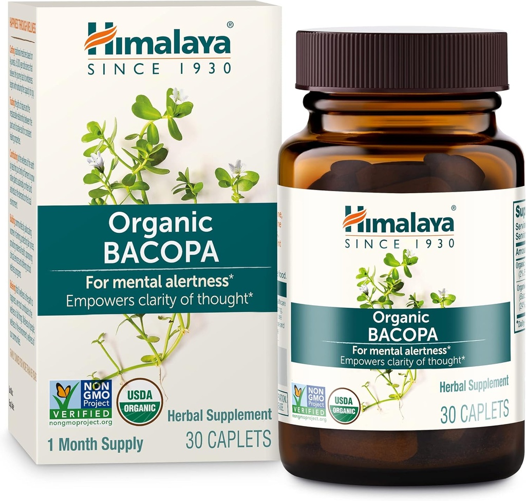 Himalaya Organic Bacopa - 記憶とフォーカスサポートのためのBacopa Monnieriハーブブレインサプリメント - USDA Organic、ビーガン、非GMO、グルテンフリー、750 mg、30カプレット