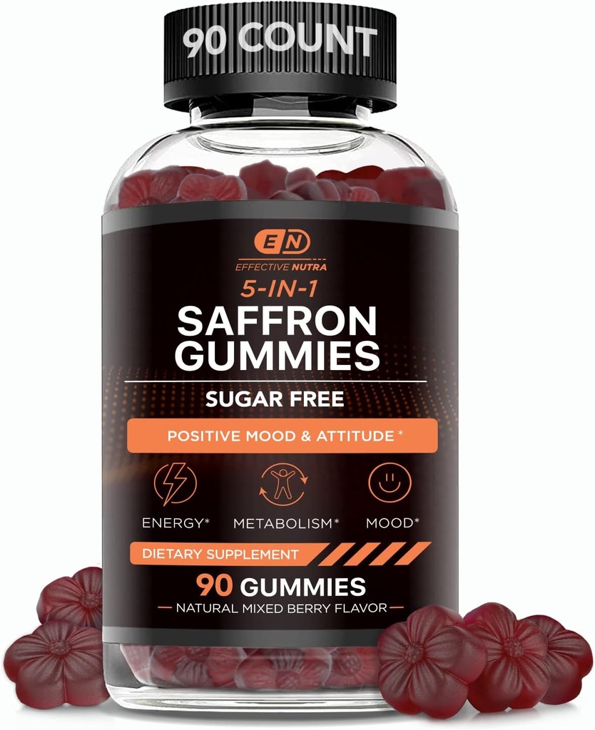 EFFECTIVE NUTRA Saffron Gummies | ビタミンD2、パッションフラワー、セントジョンズワート&GABA | ポジティブムード、消化、エネルギー | ナチュラルベリー風味、アメリカ製(90カウント)