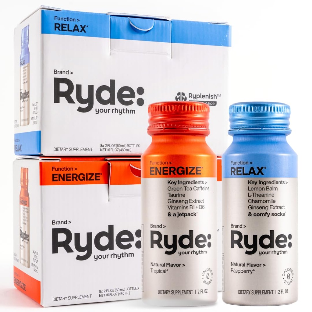 RYDE Shots | Energize + Relax | エッセンシャル・ビタミン・ジンセン・シャンマイル・カフェイン | ゼロカロリー・ゼロシュガー | パック16