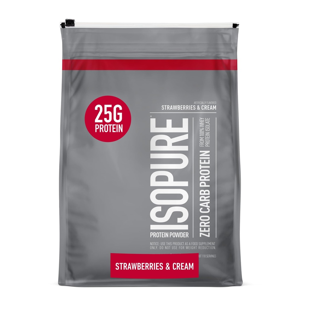Isopure Zero Carb 100%の純粋な乳頭の隔離蛋白質の粉、Lactoseは、ビタミン、イチゴ及びクリームと、サービングごとの25g蛋白質、7.5 Lbs、110のサービング(包装5月Vary)放します