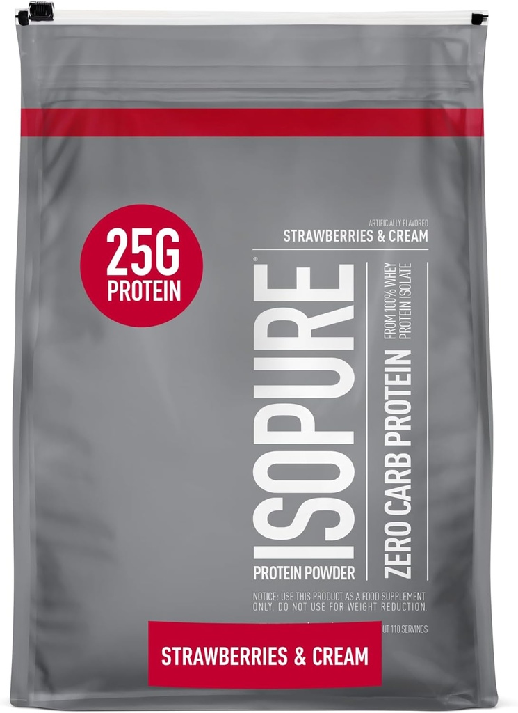 Isopure Zero Carb 100%の純粋な乳頭の隔離蛋白質の粉、Lactoseは、ビタミン、イチゴ及びクリームと、サービングごとの25g蛋白質、7.5 Lbs、110のサービング(包装5月Vary)放します