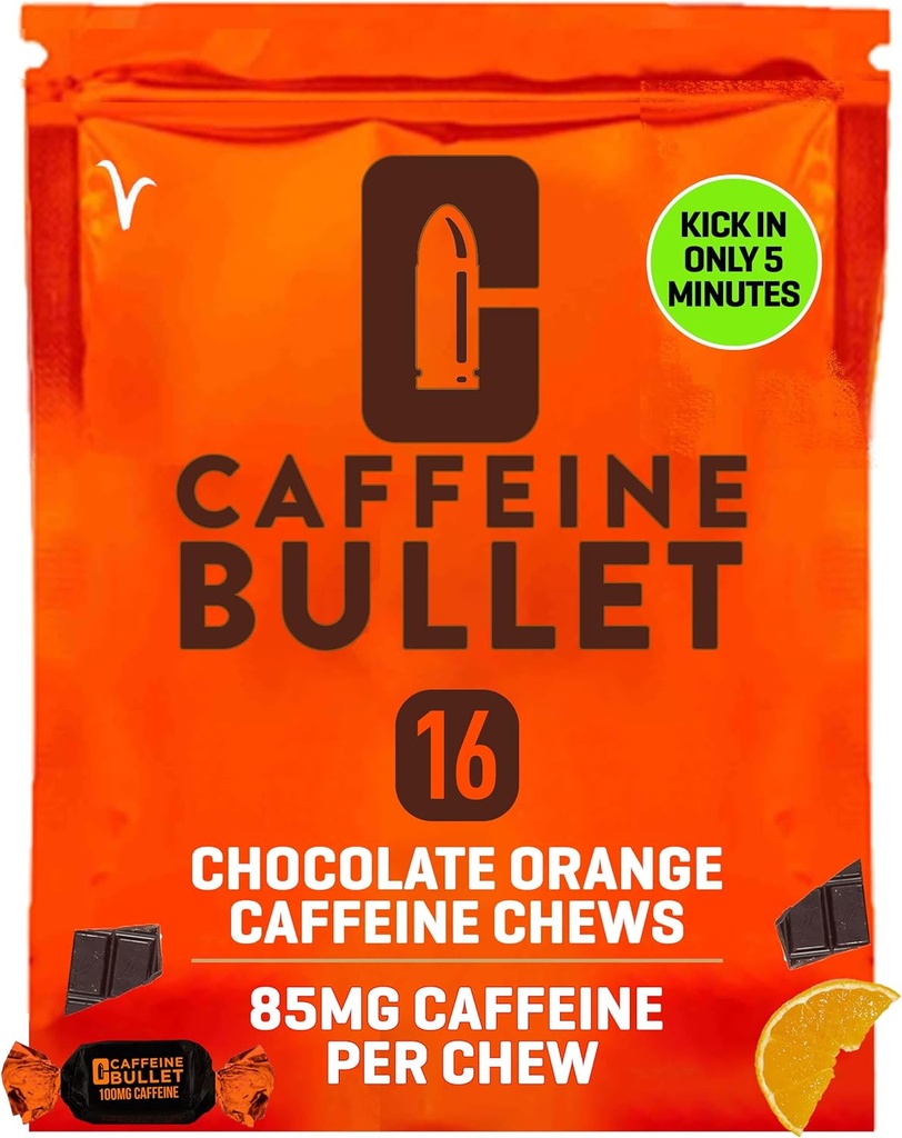 Caffeine Bullet Energy Chews - Chocolate Orange. 16 * 85mg - Faster Kick Than Pills, Gels & Gum. Sport Science for Running, Cycling, Gaming. A Pre Workout Endurance Boost.