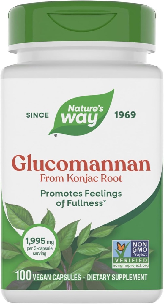 Konjac RootのカプセルからのNature's Way Herbal Glucomannan, フルネスのフィーリングを促進*, 1,995 mg / 3-カプセルのサービング, 非GMOプロジェクト検証, ビーガン, 100カプセル (パッケージ 5 月 Vary)