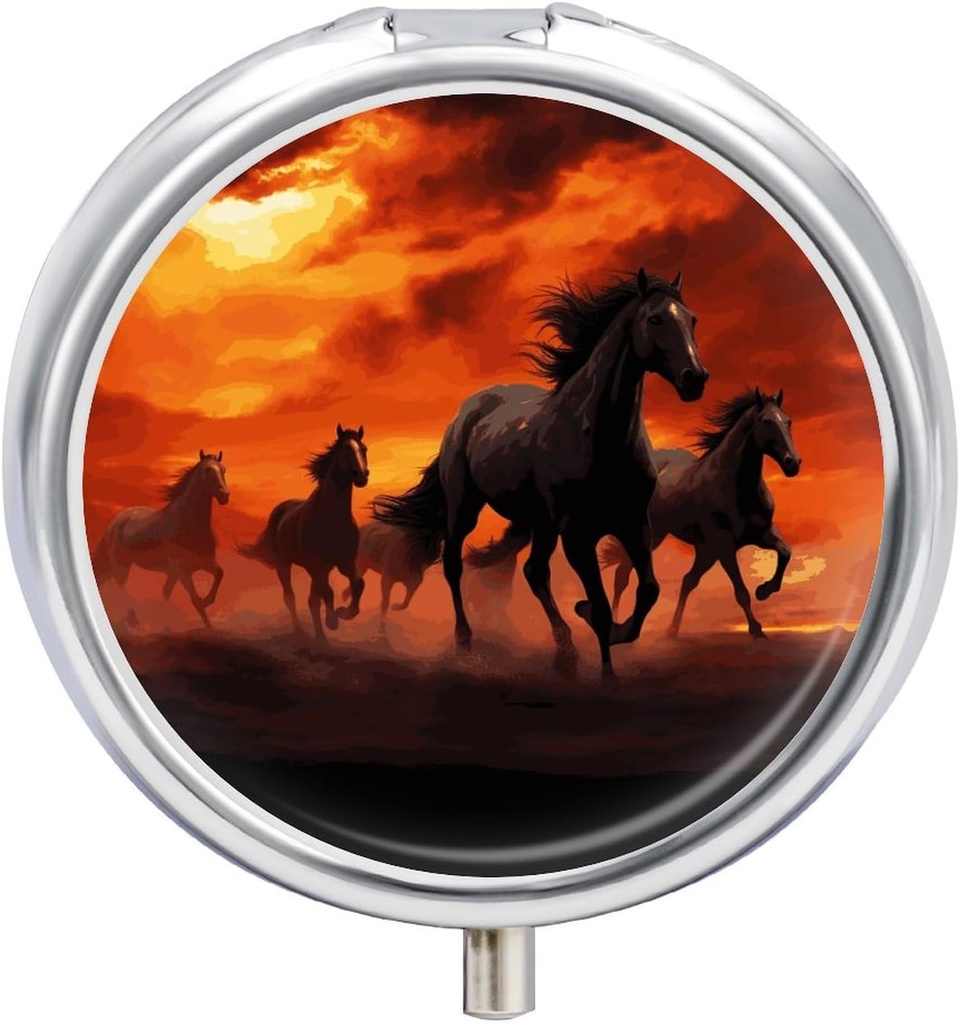 Horses Red Glowing Clouds Pill Box Round Pill Box 3 Compartment Decorative Pocket Or Purse Portable Travel Medicine Tablet Vitamin Holder Organizer Pill Case for Purse Pocket Travel Gift