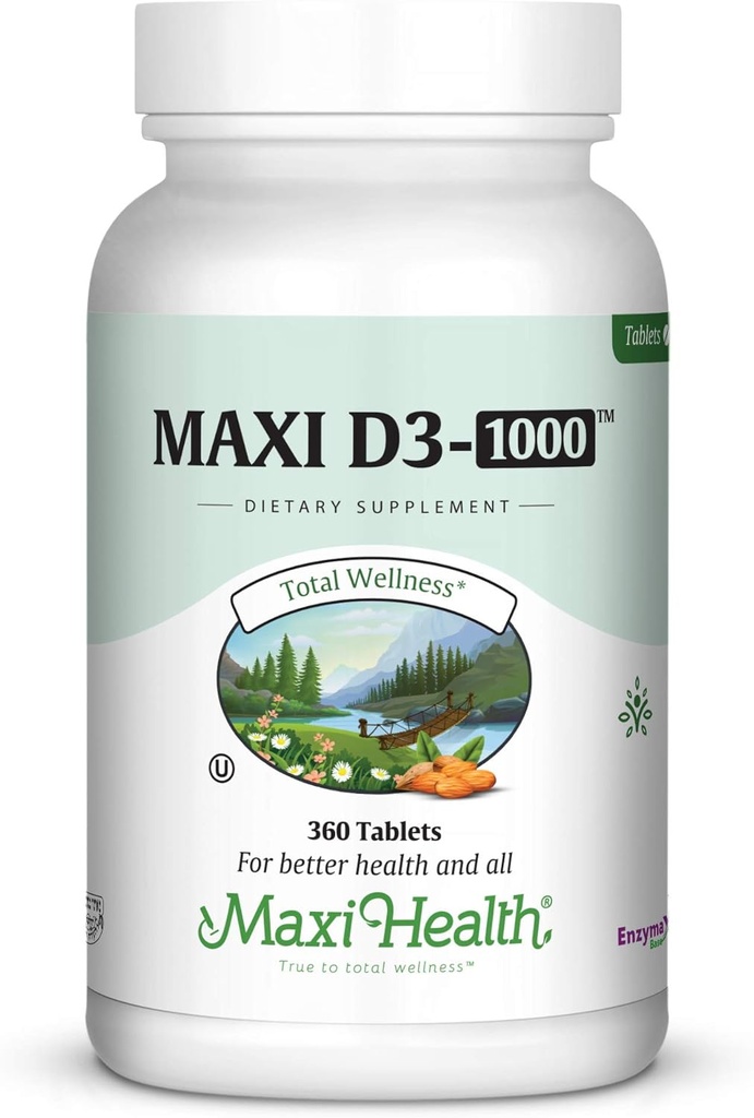 Maxi-Health ビタミン D3 1000 IU - 健康な筋肉機能、骨の健康および免疫サポート - 360 錠 - 大人のための最高のコシャサプリメント
