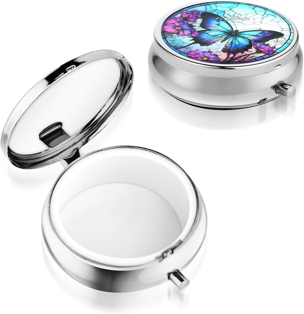 Sibbaの携帯用薬の丸薬の丸薬の箱、旅行多Functionalの湿気のプレジャーのプレジャー&ポケット、ビタミン、魚油及び補足のためのかわいい金属の薬の丸薬の丸薬のオルガナイザー箱(蝶)