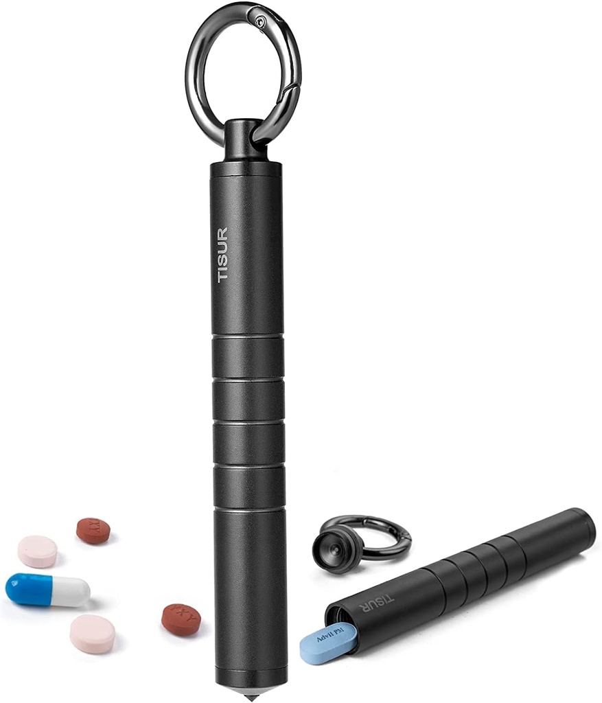 TISURの小さい金属の丸薬のオルガナイザー、チタニウムのKeychainの丸薬のホールダー旅行Pill箱の箱のMultitool EDCの人の毎日キャリー(黒いチタニウム)