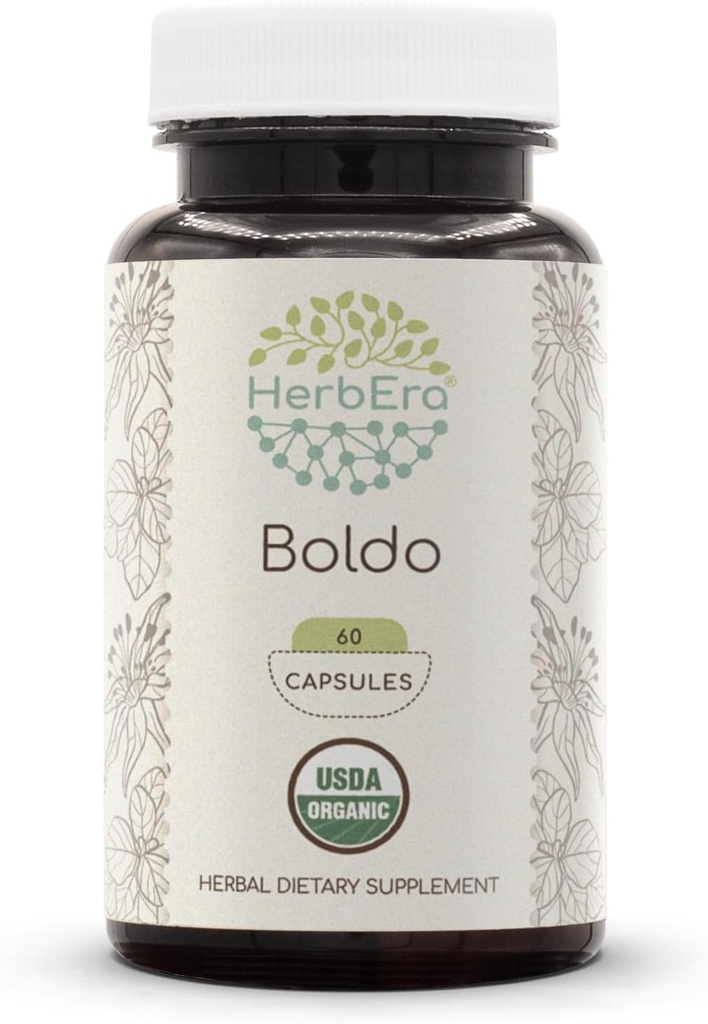 HerbEra Boldo USDA オーガニック 60 カプセル | 天然ハーブ サプリメント | 認定オーガニック ベジタリアン カプセルとオーガニック ボルドー 乾燥葉 (60 カプセル)