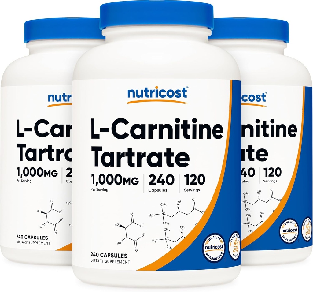 Nutricost L-Carnitine Tartrate 500mg、240カプセル - サービングごとの1000mg(3本のびん)