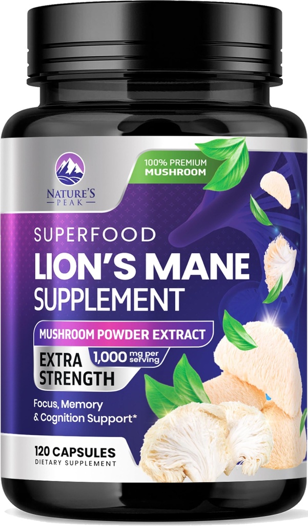 ライオンズマネのきのこのカプセル10,000mg - 記憶および焦点サポートのためのライオンのマネの補足のカプセル、頭脳、免疫の健康サポート、ビーガン、米国でびん詰めにされる、ライオンズマネのきのこの粉のエキス、120の計算