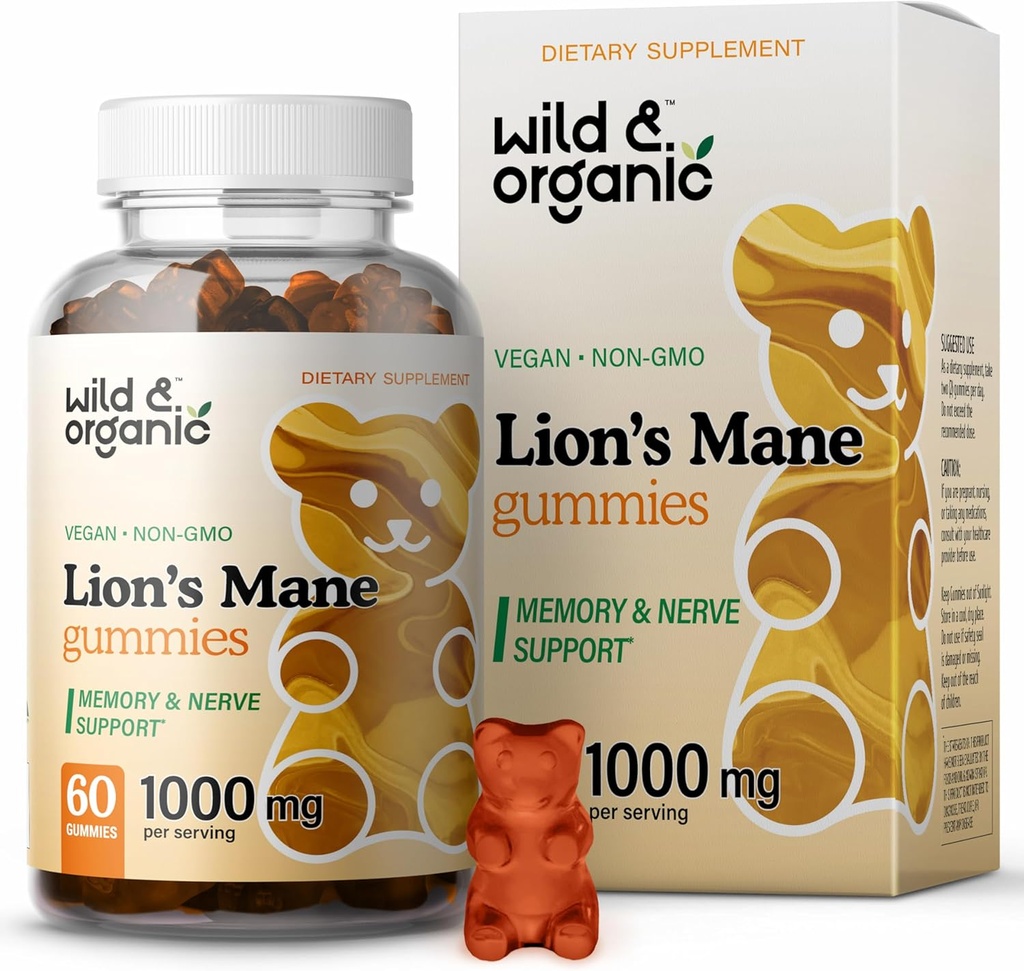 ワイルド&オーガニックライオンマネキノコグミー1000mg - 天然ライオンのマネのキノコサプリメントグミー - 焦点と脳エネルギーサポートのための60咀嚼 - ビーガン、非GMO
