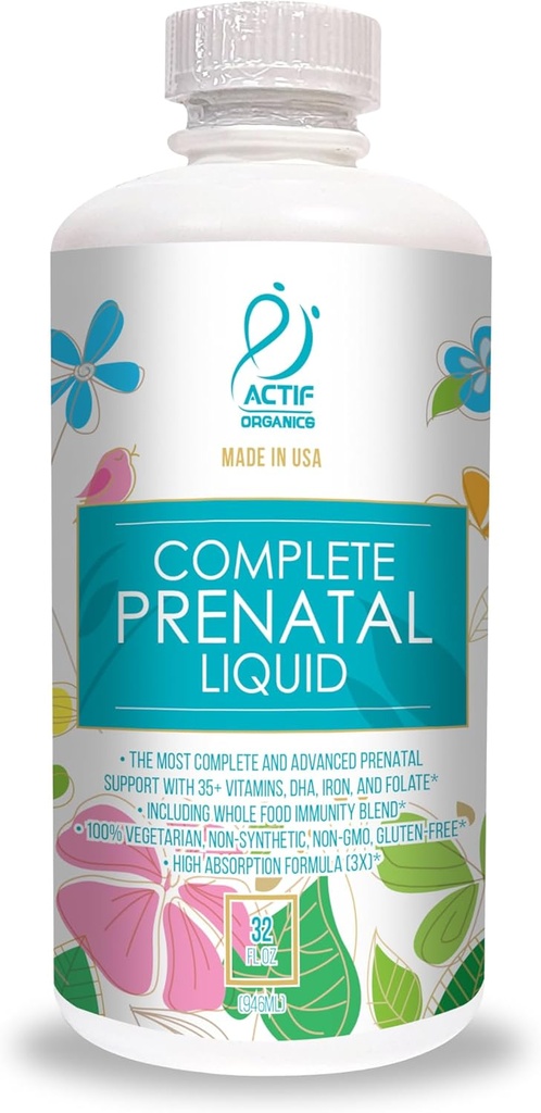 ACTIF Organic Complete Prenatal Liquid with 35+ Vitamins and Organic Herbs, with DHA and Choline, Non-GMO, Made in USA, 32oz
