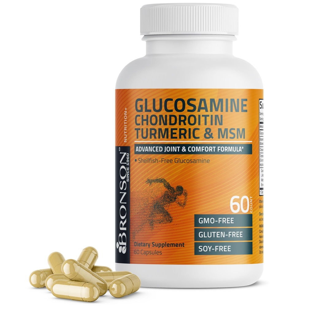 Bronson Glucosamineのコンドロイチンのタービン及びMSMの高度の接合箇所及び軟骨の方式、サポート健康な接合箇所、移動性及び軟骨-非GMO、60のカプセル