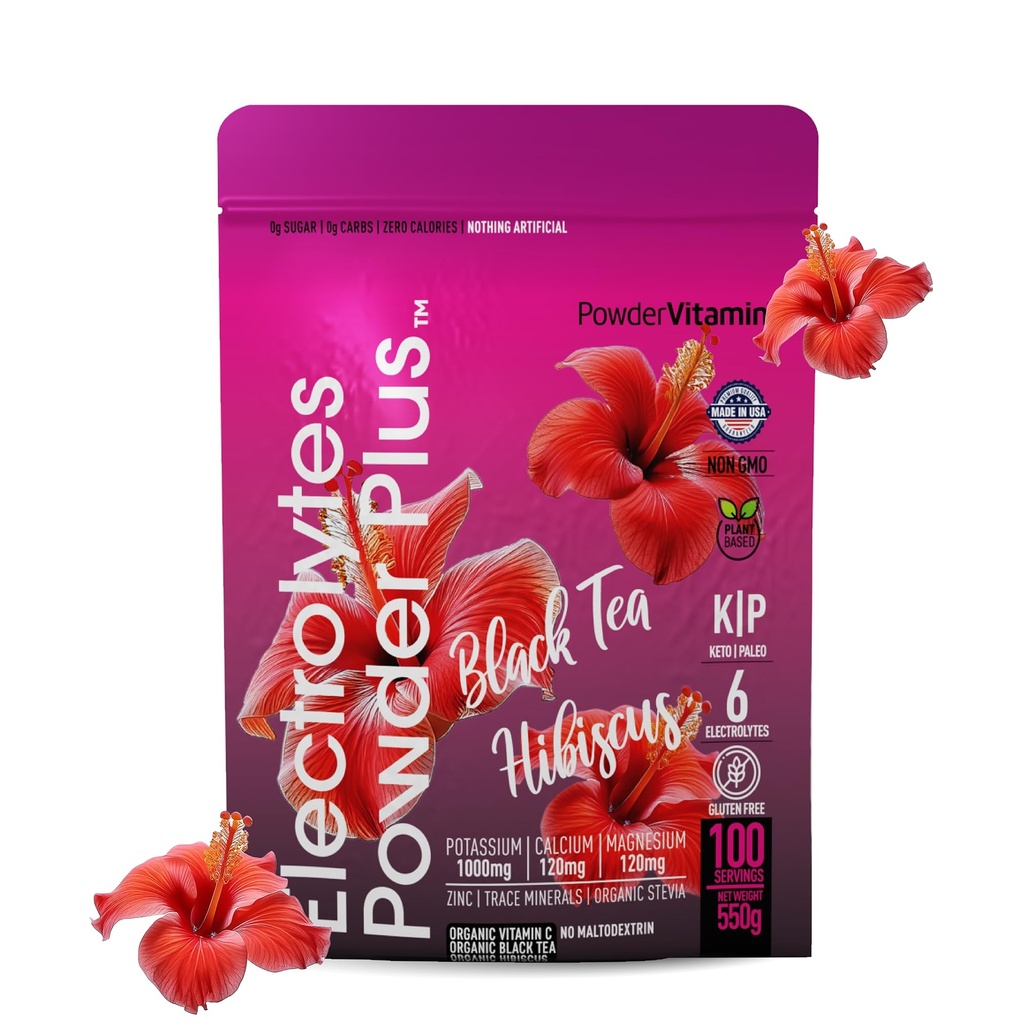PowderVitamin の電解質の粉のプラス (100 のサービング) 黒い茶 Hibiscus の電解質の粉 Keto、砂糖は、ピンク Himalayan の塩、1000mg のカリウム、120mg カルシウム、120mg マグネシウム、水和の粉放します