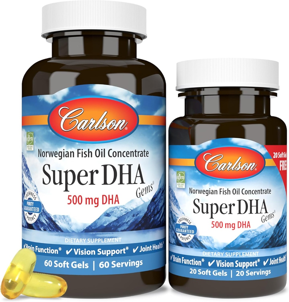 カールソン - スーパー DHA 宝石, 500 mg DHA サプリメント, 640 mg 脂肪酸, ワイルドキャッチ ノルウェー北極魚油濃縮物, 持続的に供給北欧魚油カプセル, 60 + 20 ソフトゲル