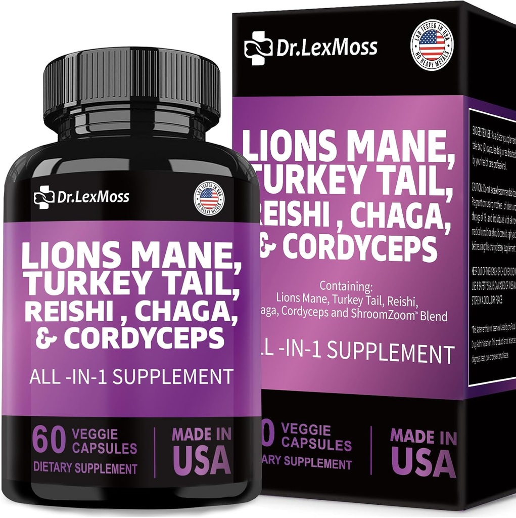 ライオンズマネ3000mg、トルコテール3000mg、レシ1000mg、コーディックプ10o0mg、チャガ1000mg、Maittake Meshima Poria CocosシイタケOyster Porcini Enoki、60カプセル