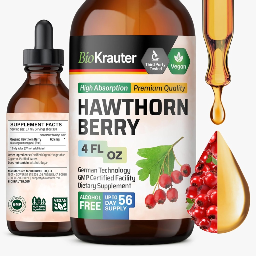 BIO KRAUTER Hawthorn Berry Extract Tincture - ナチュラル Hawthorne Berry Supplement - 100%純粋なフォーミュラ - ビーガン砂糖&アルコールフリー - 4 Fl。 Oz。 - 56 供給の日