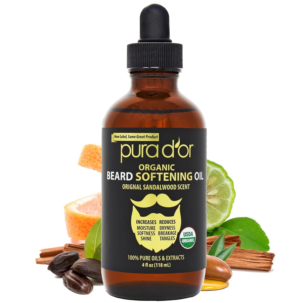 PURA D'OR 4 Oz ORGANIC Beard Softening Oil - Original Sandalwood Scent - Leave-In Conditioner, Argan & Jojoba Oil - Mustache Care & Maintenance, Increase Softness & Strength - Beard Hair, Skin & Face