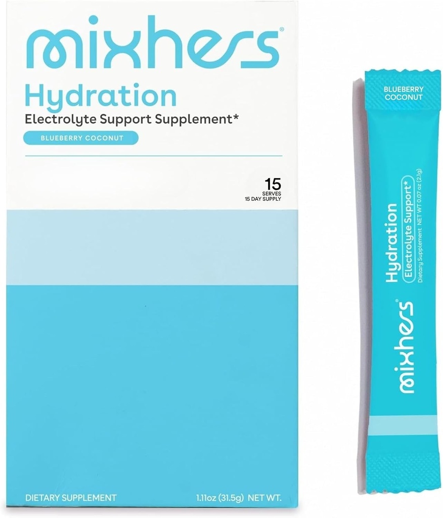 MIXHERS Hydration Electrolyte Support Supplement |Hydration Drinks with Vitamin C, Iron, & Zinc | Sugar-Free & Plant-Based | Blueberry Coconut Flavor | 15 Stick Packets