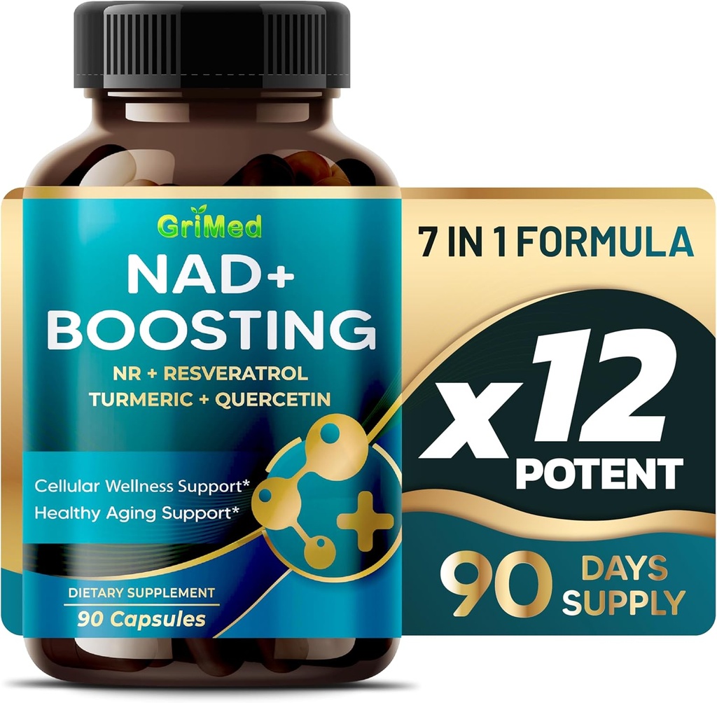 GriMed NAD + ブースト 16,550mg- x12 NR + レスベラトロールターメリック + ケルセチン - セルラーエネルギー、セルラー修理、ヘルシーエイジング - 米国製&テスト済み(90カウント)