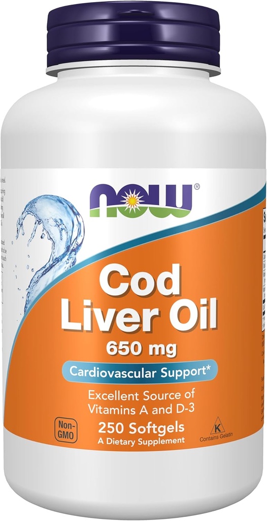 NOW Foods Supplements, Cod Liver Oil 650 mg, Excellent Source of Vitamins A and D-3, 250 Softgels