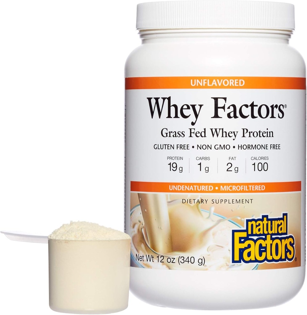 Whey Factors by Natural Factors, Grass Fed Whey Protein Concentrate, Aids Muscle Development and Immune Health, Unflavored, 12 Oz