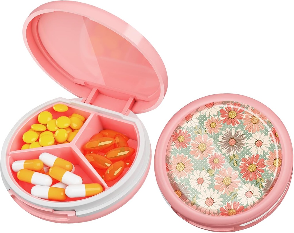 Serfeymi Small Pill Box - 3 Compartments Portable Pill Box for Purse Pocket, Compact Mini Travel Pill Case - Suitable for Medicine, Vitamin, Fish Oil, Supplements - Pink(Daisy)