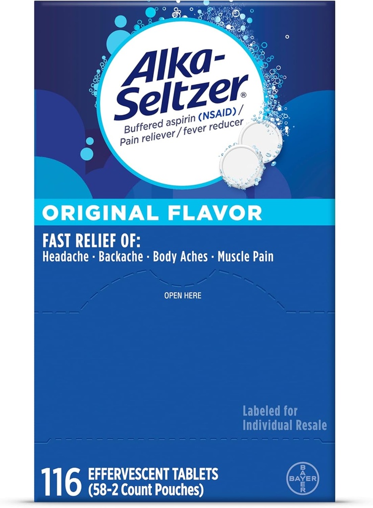 Alka-Seltzer の Effervescent のタブレットの元の味、頭痛およびボディ アッシュ、分解性の Effervescent のタブレット、痛みの救助ディスペンサーのパック、116 Ct からの速い多症状の救助