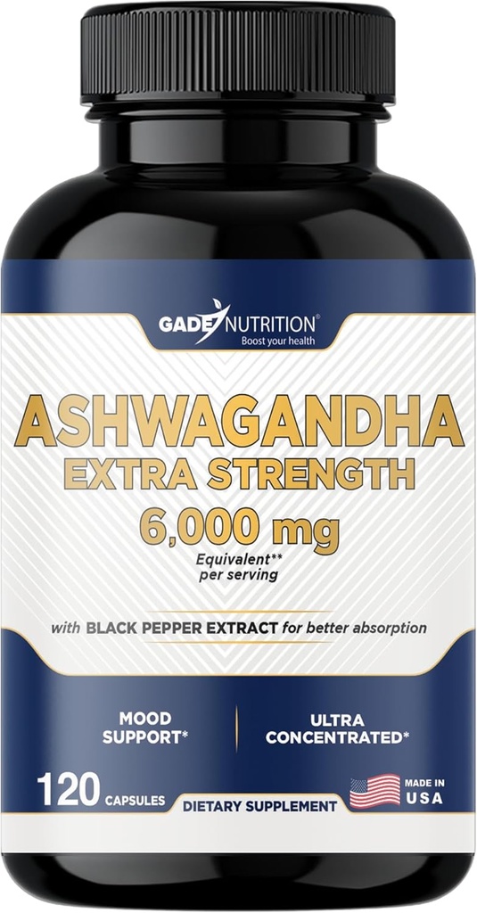 Gade Nutrition Ashwagandha Supplements - 余分な強度、アシュワガンダパウダーカプセル、ブラックペッパー、ナチュラルモッド、フォーカス、エネルギーサポートサプリメント、120ベジギーカプセル、米国製