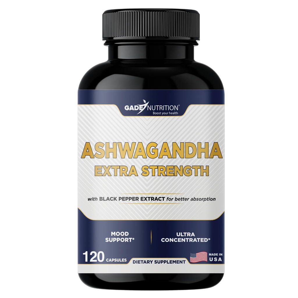 Gade Nutrition Ashwagandha Supplements - 余分な強度、アシュワガンダパウダーカプセル、ブラックペッパー、ナチュラルモッド、フォーカス、エネルギーサポートサプリメント、120ベジギーカプセル、米国製
