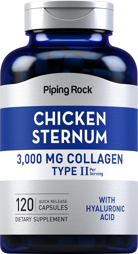 パイピングロックチキンスタンムタイプIIコラーゲンサプリメント | 3000mg | 120カプセル | ヒアルロン酸配合 | 非GMO、グルテンフリー