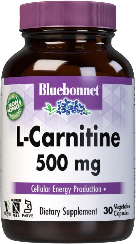 Bluebonnet栄養L-カルニチン500mg、輸送脂肪酸*、ボオス細胞エネルギー*、大豆フリー、グルテンフリー、非GMO、コーシャ認定、ビーガン、30野菜カプセル、30サービング