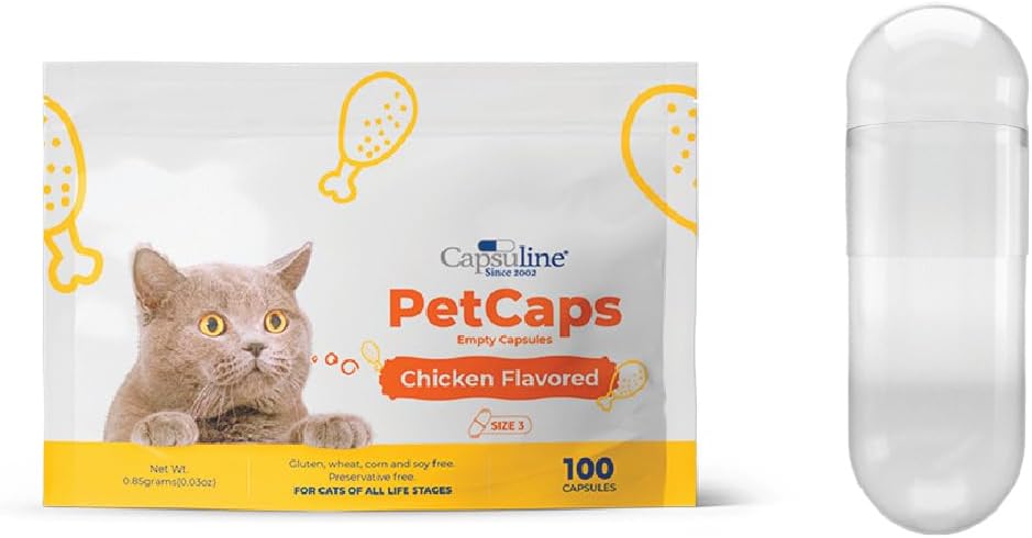 カプスリンPetCapsは、すべてのライフステージの猫のための3空のゼラチンカプセル、鶏の風味 - 100カウント|Hides Medicine Taste & Scent | Gluten Free, Kosher, Non-GMO認定 | Pure Bovine Pill Cap