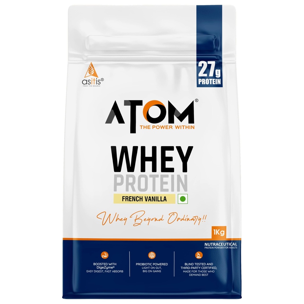 Asitis Nutrition AS-IT-is Atom Whey Protein 1kg/35.2 Oz(消化酵素) | USA Labdoor(米国ラボドア)の認証を取得 精度と純度 | フレンチバニラ風味 | 27g タンパク質 | 5.7g Bcaaâ
