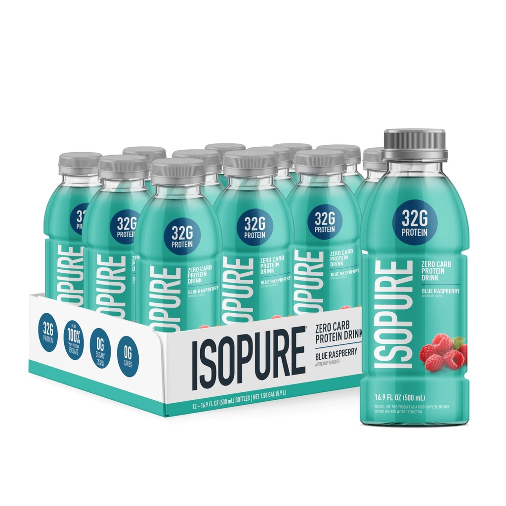 Isopure Zero Carb 32g クリアプロテイン Ready-to-Drink、Whey Protein Isolate、Blue Raspberry、12 パック(パッケージ 5 月 Vary)
