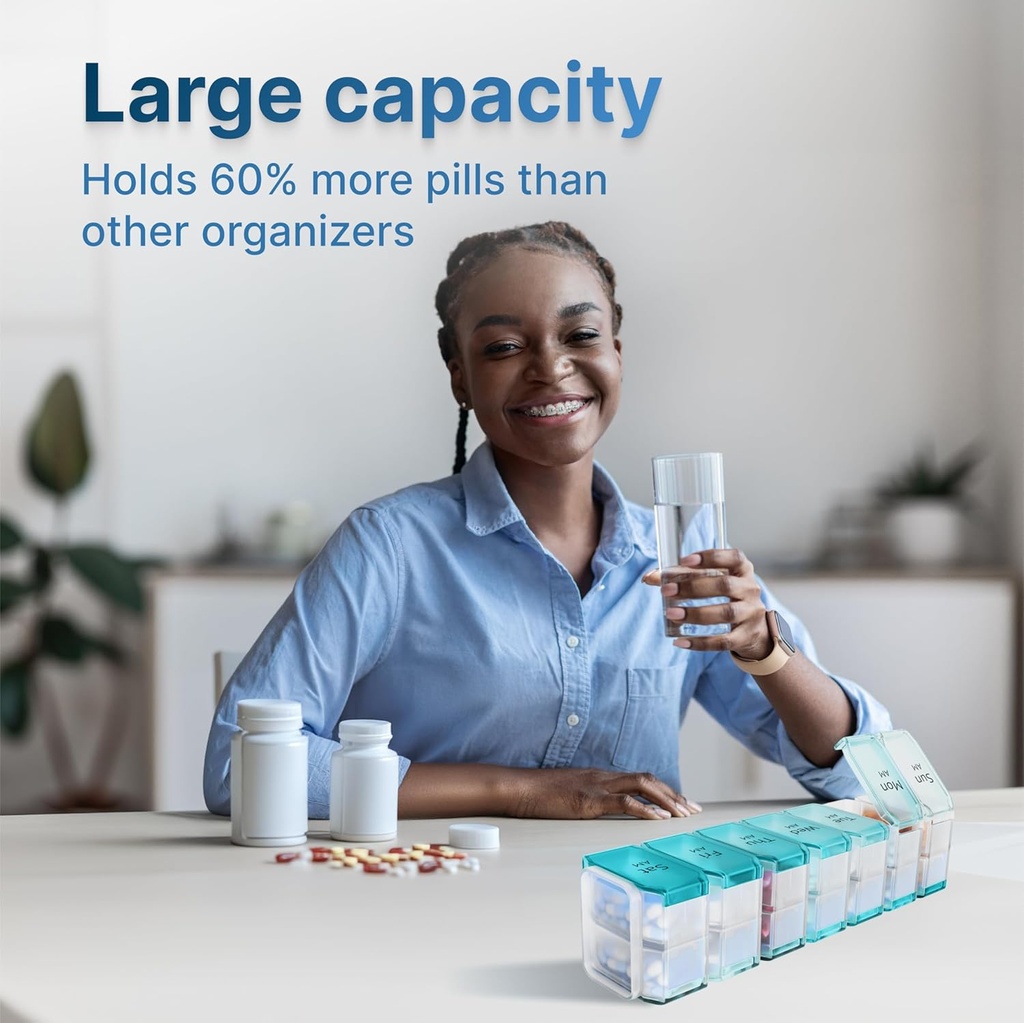 エキストラ大型ピルオーガナイザー2日 - ビッグAM / PMコンパートメント付きXLピイルボックス7日 - 大型ビタミン、サプリメント、グミー、7日間または14日間の使用、カラーコード、シニアフレンドリー、スピルなし