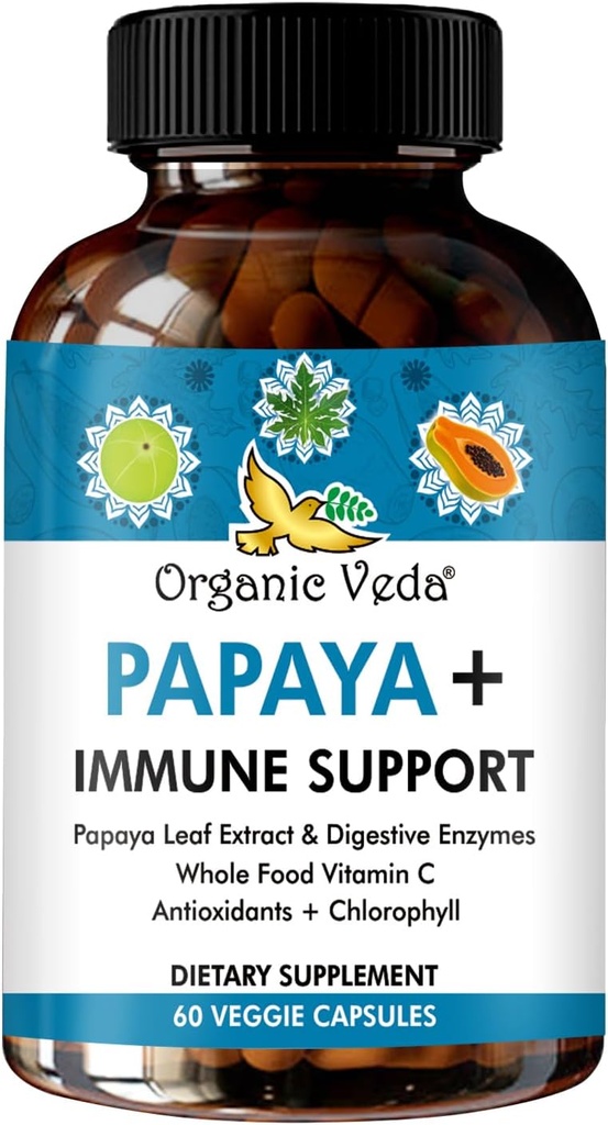 有機Vedaパパイヤリーフプラスサプリメント - Papaya消化酵素、クロロフィル、ブドウ種子エキス、ビタミンC - 骨髄&腸の健康 - 60カラット