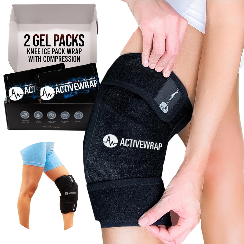 ActiveWrap - 圧縮付きニーアイスパックラップラップ、2 再使用可能なゲルヒート&クネの痛みのためのコールドパック、ソール&新スプリート。 傷害および膨張制御及び接合箇所サポートのための適用範囲が広い冷たい覆い-ほとんどの1のサイズは合います